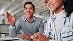 Happy, business people and coaching with headset at call center for virtual assistance or help. Businessman, woman or consultants with smile on computer for internship training, CRM or telemarketing