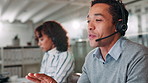 Communication, conversation and headset with man in call center for help or online assistance. Computer, contact us and customer support with employee in office for feedback as virtual assistant
