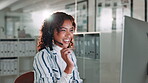 Computer, contact us and headset with woman in call center for help or online assistance. Communication, conversation and customer support with employee in office for feedback as virtual assistant