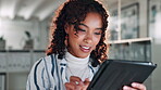 Tablet, research and scroll with business woman in office for publishing agency, manuscript editor or ebook review. Copywriter, reading and planning with person for creative project, report and media