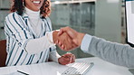 Shaking hands, thank you and business people in office for deal, negotiation or greeting. Meeting, partnership and financial manager with client with handshake for investment contract in workplace.