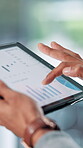 Tablet screen, hands and chart with business person online for sales report or target in office. Statistics, finance and revenue with male employee for information, planning and ui data analytics