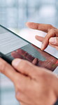 Hands, tablet screen and website for trading online with investment, stock exchange and statistics. Scroll, internet and network with person with information technology, economy or finance report