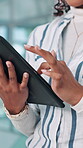 Hands, tablet and typing of business person online for report, email or feedback in office. Scroll, internet and network with employee woman with information communication, planning and research