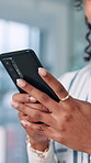 Hands, phone and business woman typing on internet for communication, report or feedback in office. Email, closeup and networking with employee person for promoting brand, planning and research