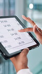Tablet screen, hands and revenue with business person online for sales report or target in office. Statistics, finance and income with female employee for information, planning and ui data analytics