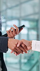 Business people, closeup or manager shaking hands for corporate funding, agreement or b2b deal. Partnership, executive director or advisor in office for collaboration, handshake or merger meeting