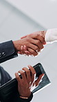 Business people, tablet or manager shaking hands for corporate funding, agreement or b2b deal. Partnership, executive director or advisor in low angle for collaboration, handshake or merger meeting