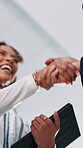 Business people, tablet or manager shaking hands for agreement, corporate funding or b2b deal. Partnership, executive director or advisor in low angle for collaboration, handshake or merger meeting