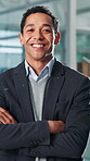 Face, employee and man with arms crossed, office and sales manager with job promotion, smile and confident. Business, ambitious and person with opportunity in company, happiness and proud in USA