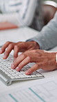 Hands, keyboard and businessperson in office with email, communication or research for finance report. Closeup, technology and financial advisor with contact for investment proposal in workplace.