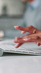Hands, keyboard and business woman typing on computer for data report or feedback in office. Email, internet and network with employee person for information communication, planning and research