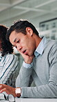 Business, man and tired with typing in office for article deadline, story development or editor feedback. Journalist, employee and exhausted with workload for blog publication, burnout and brain fog