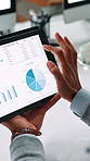 Tablet screen, hands and businessperson in office with statistics for finance dividend or profit. Digital technology, scrolling and financial report with charts, graphs or information online.