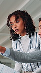Paperwork, people or manager speaking with computer in office for research, planning or idea with help. Advice, documents or leader talking with teamwork, report or feedback review of project update