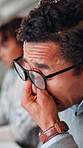 Business, man and tired with eye strain in office for article pressure, vision fatigue and proofreading deadline. Journalist, glasses and tension headache for workload, story publication and burnout