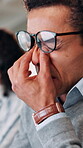 Business, man and burnout with eye strain in office for article pressure, vision fatigue and publication deadline. Journalist, glasses and headache for wrong prescription, overworked and brain fog