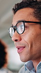 Man, business and glasses in office for sight, clear vision and working on computer. Employee, new lens and smile in coworking space for project management, eye care or company research on technology