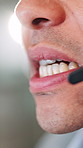 Mouth, man and customer service in office with headset communication and online consulting. Assistant, advice and call center for CRM contact support, closeup and sales agent for hotline business