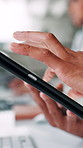 Businessman, hands or tablet in office for review, website scroll or search on internet. Admin person, tech or closeup in coworking space for schedule update, app or checklist for efficient workflow