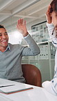 Happy, business people and winning with high five at call center for sale, promotion or teamwork. Excited, consultants or agents with smile or headset for achievement, success or service excellence