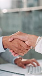 Business people, meeting and hiring with handshake for agreement, contract or employment at office desk. Closeup, colleagues or recruiter shaking hands with applicant for deal or recruiting process