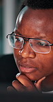 Black man, thinking and night with software developer for AI control, system check or update at office. Businessman, programmer or coding with thoughtful process on technology for UI, UX or new app