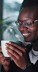 Happy businessman, office and coffee with smell in relax for break, drink or beverage. Black man, cup or employee working late with smile in satisfaction for caffeine aroma or espresso sensation