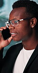 Phone call, chat and night with business black man in office for finance consultant, stock broker and contact. Trading advisor, communication and networking with person talking for portfolio growth