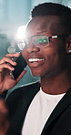 Phone call, smile and night with business black man in office for finance consultant, stock broker and contact. Trading advisor, communication and networking with person talking for portfolio growth
