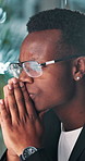 African man, thinking and night at office with stress, decision and review for proposal at creative agency. Person, perspective and insight for choice, frustrated and anxiety for results at startup