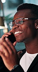 Happy, black man or night with phone call for online advice, assistance or help at office. Businessman, agent or financial advisor working late or talking on mobile smartphone for proposal or process