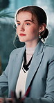 Woman, smile and reading in office for business, copywriting or editing article. Journalist, editor and happy in agency for report review, resource info or fact check research for publishing job