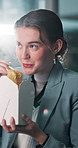 Happy woman, night or eating with noodles for lunch break, rest or meal time at office. Female person, business employee or hungry journalist working late with chinese food or chopsticks at workplace