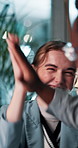 Woman, excited and high five in office for business, investment goals or team achievement. People, happy and hand gesture in workplace for positive feedback, promotion or proposal approval in company