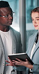 Business people, tablet and discussion in office for advice, project feedback and marketing collaboration. Man, woman and tech scroll in agency for strategic planning, meeting and ad campaign review