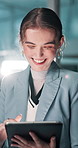Tablet, laughing and businesswoman in office with research for magazine editing with publishing. Digital technology, happy and female copywriter with comic, comedy or funny review on article.