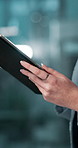 Tablet, hands and business woman in office for compliance email, typing and deadline. Digital technology, closeup and worker on app for communication, policy research and networking online at night