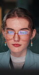 Night, reflection and woman with glasses, research and vision for reading, website and working late. Workaholic, reporter and person with prescription eyewear for article, deadline and plan in office