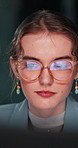 Night, reflection and woman with glasses, reading and vision for research on website or working late. Workaholic, reporter and person with prescription eyewear for article, deadline or plan in office