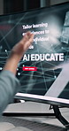 Person, hands and screen with AI course for software development or computer tasks at office desk. People, developer or interactive display with design for UI, UX or machine learning app at workplace