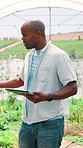 Greenhouse, farming and black man with tablet, agriculture and sustainability with inspection. African person, farmer or employee with tech, countryside or growth with quality control or check plants
