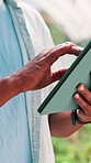 Hands, tablet and greenhouse with inspection on farm, quality assurance and digital checklist for agro business. Research, scroll and person with online harvesting guide or sustainability closeup