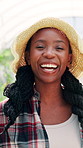 Farm, laugh and face of black woman with plants for growth, sustainability and harvest. Agriculture, nature and portrait of African person for environment, vegetables and natural produce for health
