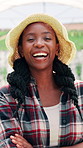 Farm, crossed arms and face of black woman with plants for growth, sustainability and harvest. Agriculture, nature and portrait of person for environment, vegetables and natural produce for business