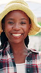 Farm, happy and face of black woman with plants for growth, sustainability and harvest. Agriculture, nature and portrait of person for environment, vegetables and natural produce for agribusiness