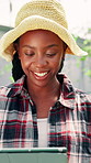Black woman, tablet and greenhouse with inspection on farm, quality assurance and digital checklist for agro business. Research, check plants and farmer with online harvesting guide or sustainability