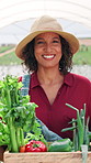 Woman, basket and harvest at greenhouse, smile and face with vegetables, results and growth. Mature person, smile and wood container for organic produce with agriculture at small business in Mexico