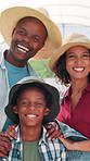 Face, agriculture and family in greenhouse, smile and sustainability with farming. Portrait, African parents and mother with father, happy boy and countryside with growth, support and environment