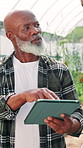 Mature man, tablet and discussion in greenhouse with report, stats and results for vegetable crops. Person, farm manager and digital touchscreen with app for sustainability, plants or food production